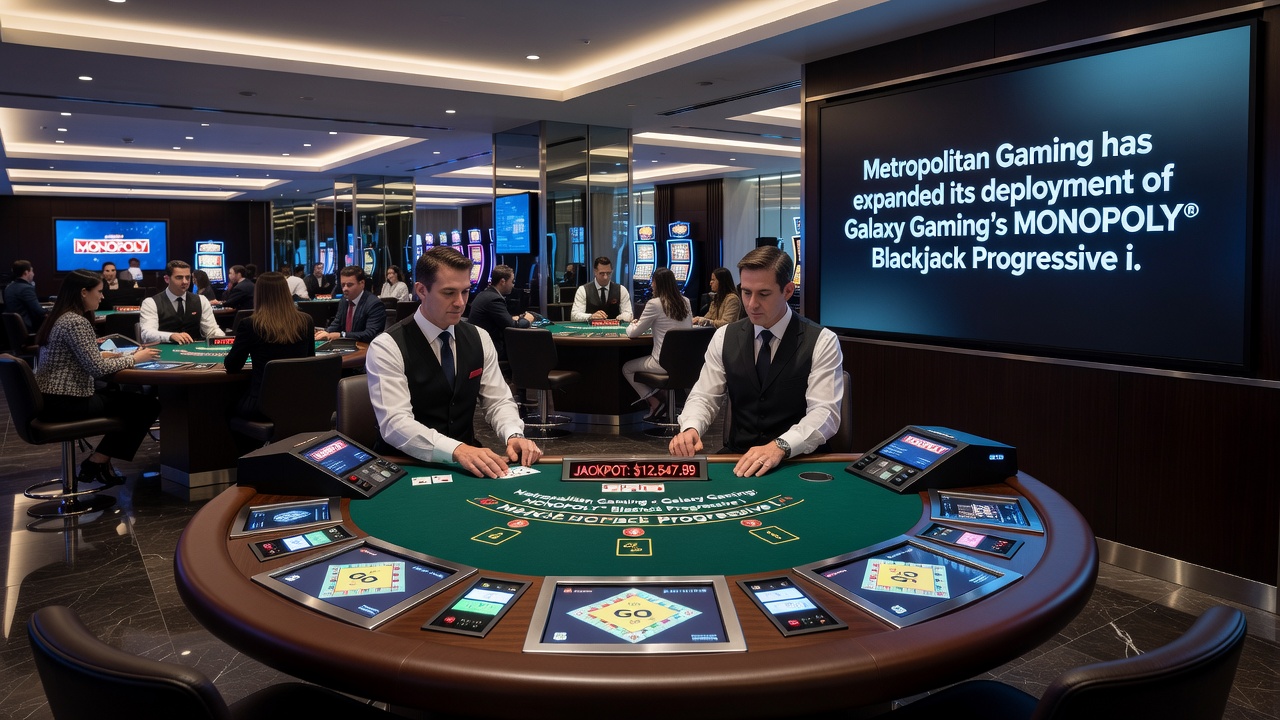 Casino floor showing multiple blackjack tables with progressive jackpot displays