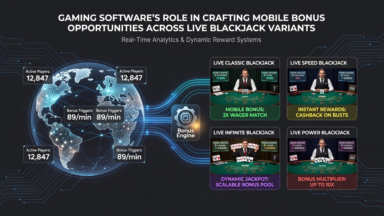 Live blackjack mobile interface highlighting software-generated bonus notifications during gameplay
