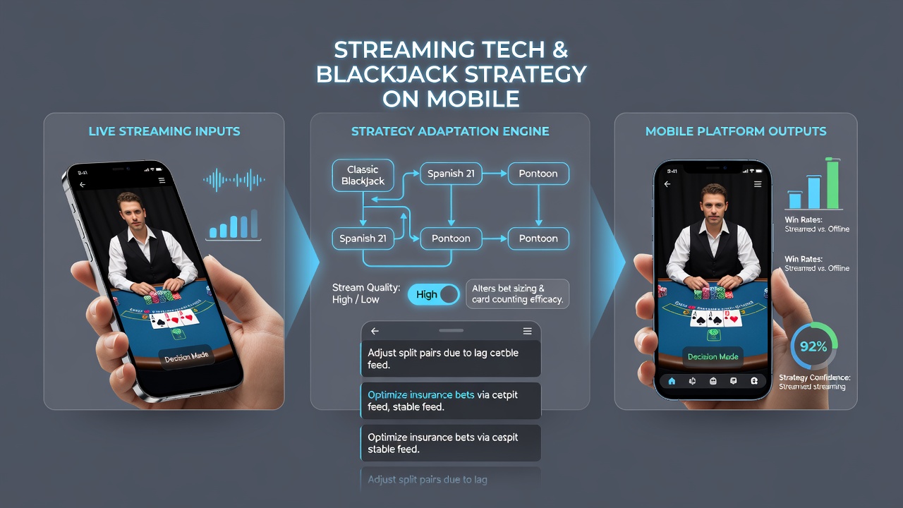 Close-up of mobile interface showing real-time blackjack strategy adjustments during a streamed game
