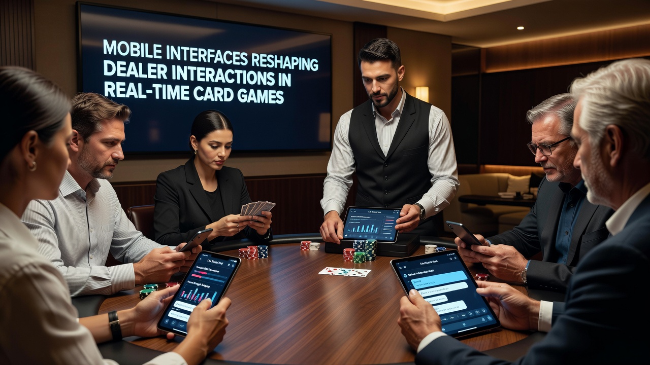 Close-up of a dealer using a tablet interface to manage multiple mobile player interactions during a live card game